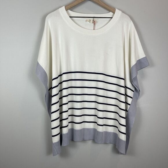 Entro Womens Poncho Top Large Striped Round Neck Knit Sweater Heavy Coastal - Picture 1 of 9